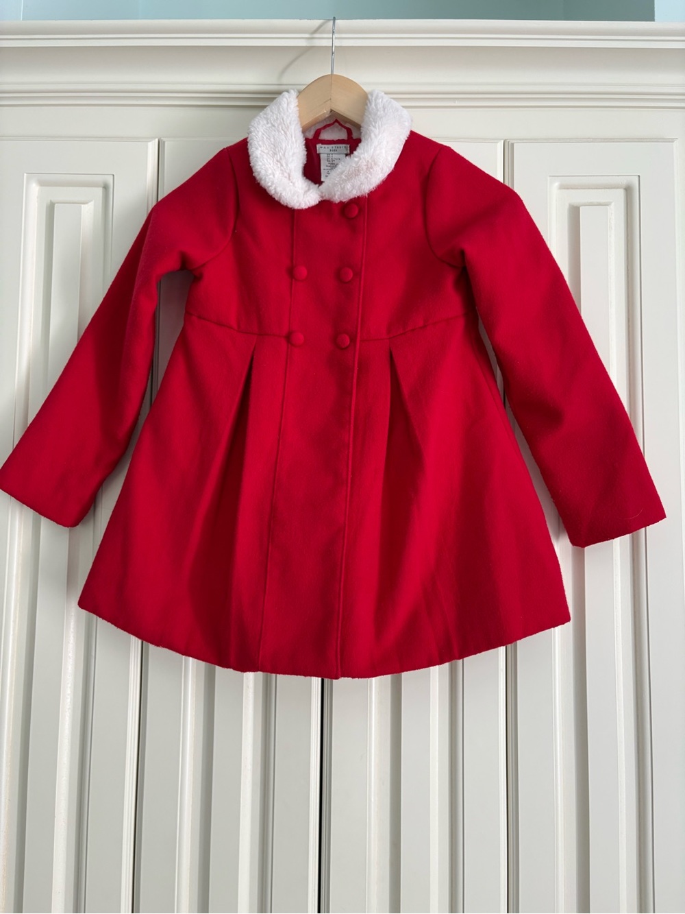 Dressy Button Up Girls Size 7 Red Double-Breasted Coat Faux Fur Collar Festival